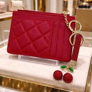 Red Quilted Card Holder Wallet w/ Cherry Rhinestone Keychain Zipper Coin